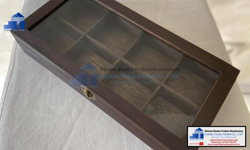Dark wood grain personalized wooden jewelry boxes with glass top lid