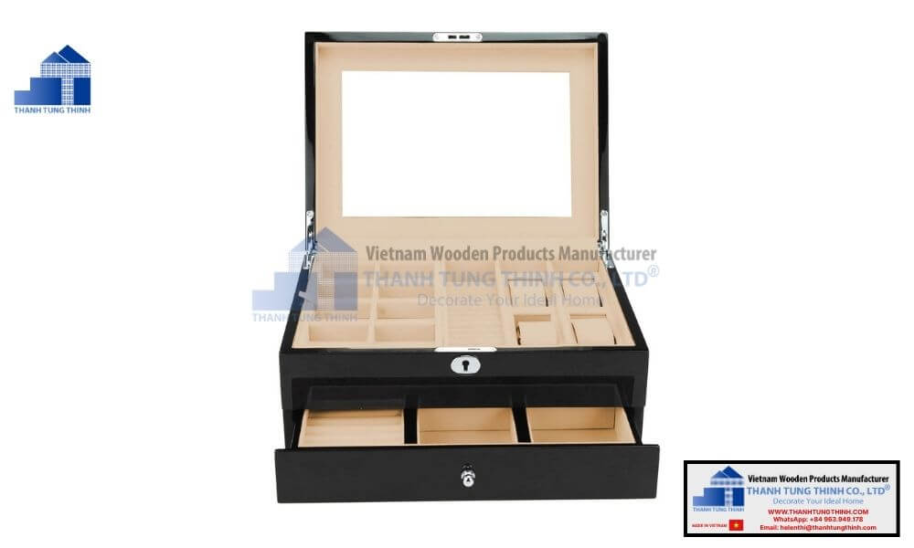 Luxury black multi drawer personalized wooden jewelry boxes with mirror and velvet interior