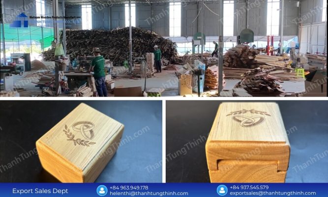 Wooden manufacturing factory workshop alongside finished products from the vintage style carved wooden jewelry boxes wholesale line