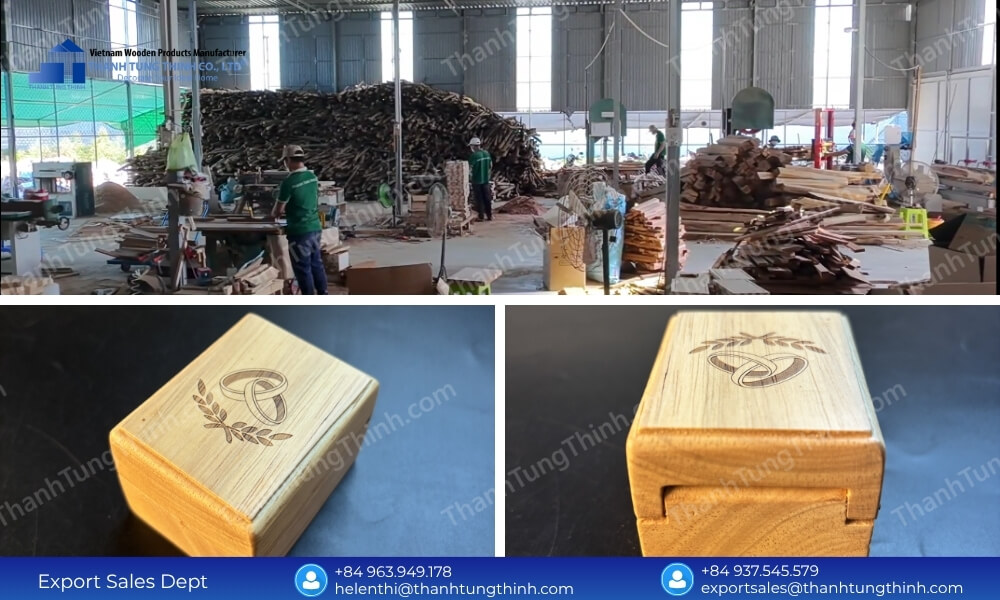 Wooden manufacturing factory workshop alongside finished products from the vintage style carved wooden jewelry boxes wholesale line