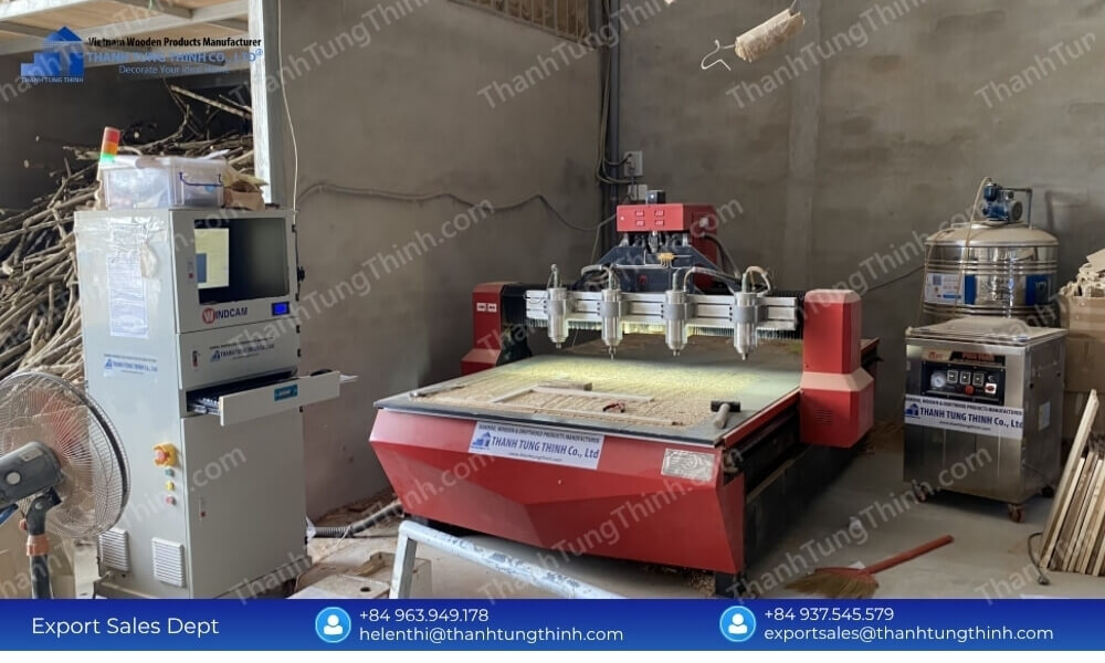 CNC machine carving wood blanks, allowing for efficient production and flexible wooden bowl MOQ