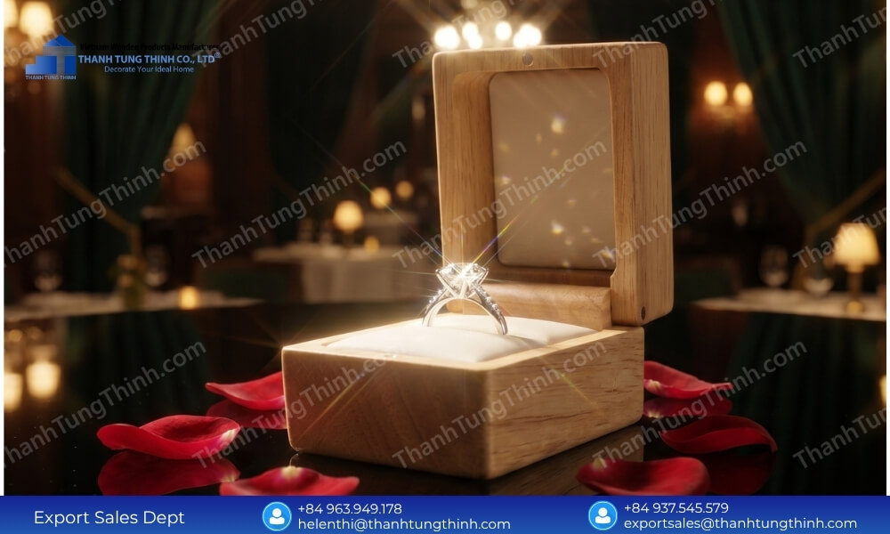 a luxury wooden jewelry box gift featuring a diamond ring and elegant velvet lining