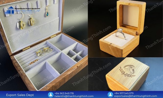 assortment of wooden jewelry box gift options showing velvet interiors and laser engraved logos