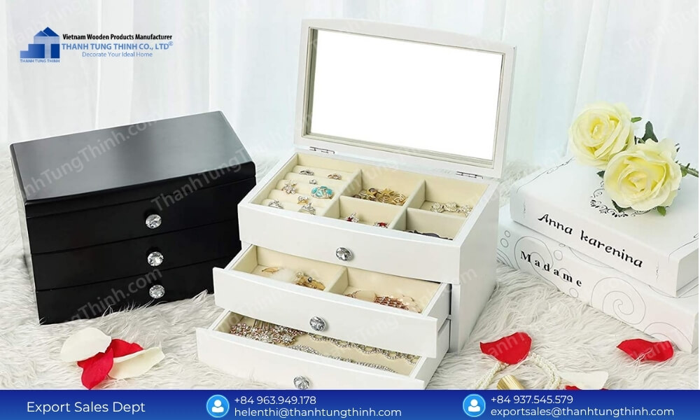 elegant white wooden jewelry box gift with multiple drawers and velvet lining