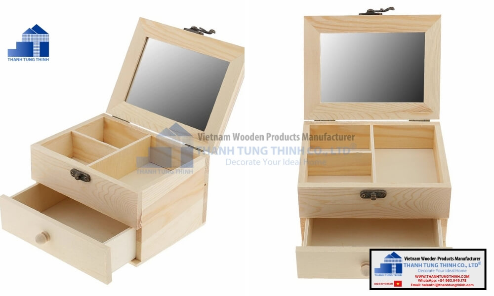 multi tiered carved wooden jewelry box with mirror and drawers