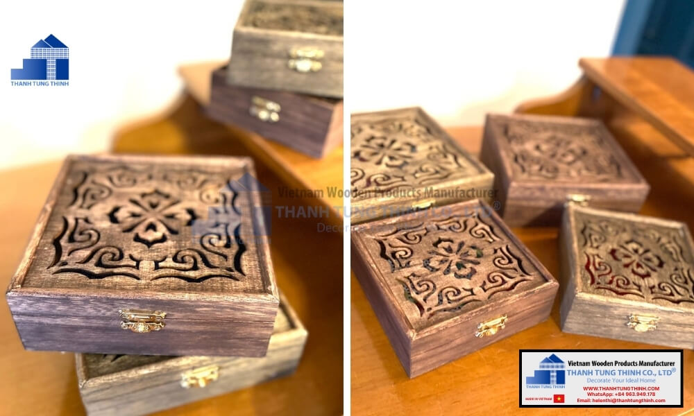 floral patterned handmade carved wooden jewelry box collection