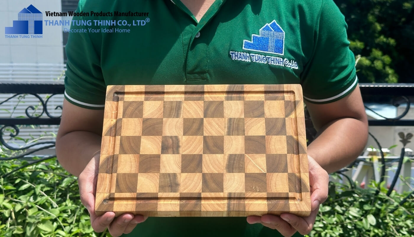 Teak and Rubberwood Square Checkered Cutting Board with premium checkerboard design