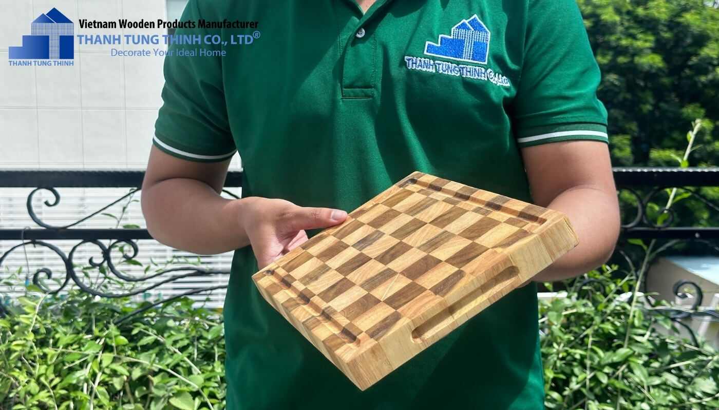 Teak and Rubberwood Square Checkered Cutting Board with two-tone checkerboard design