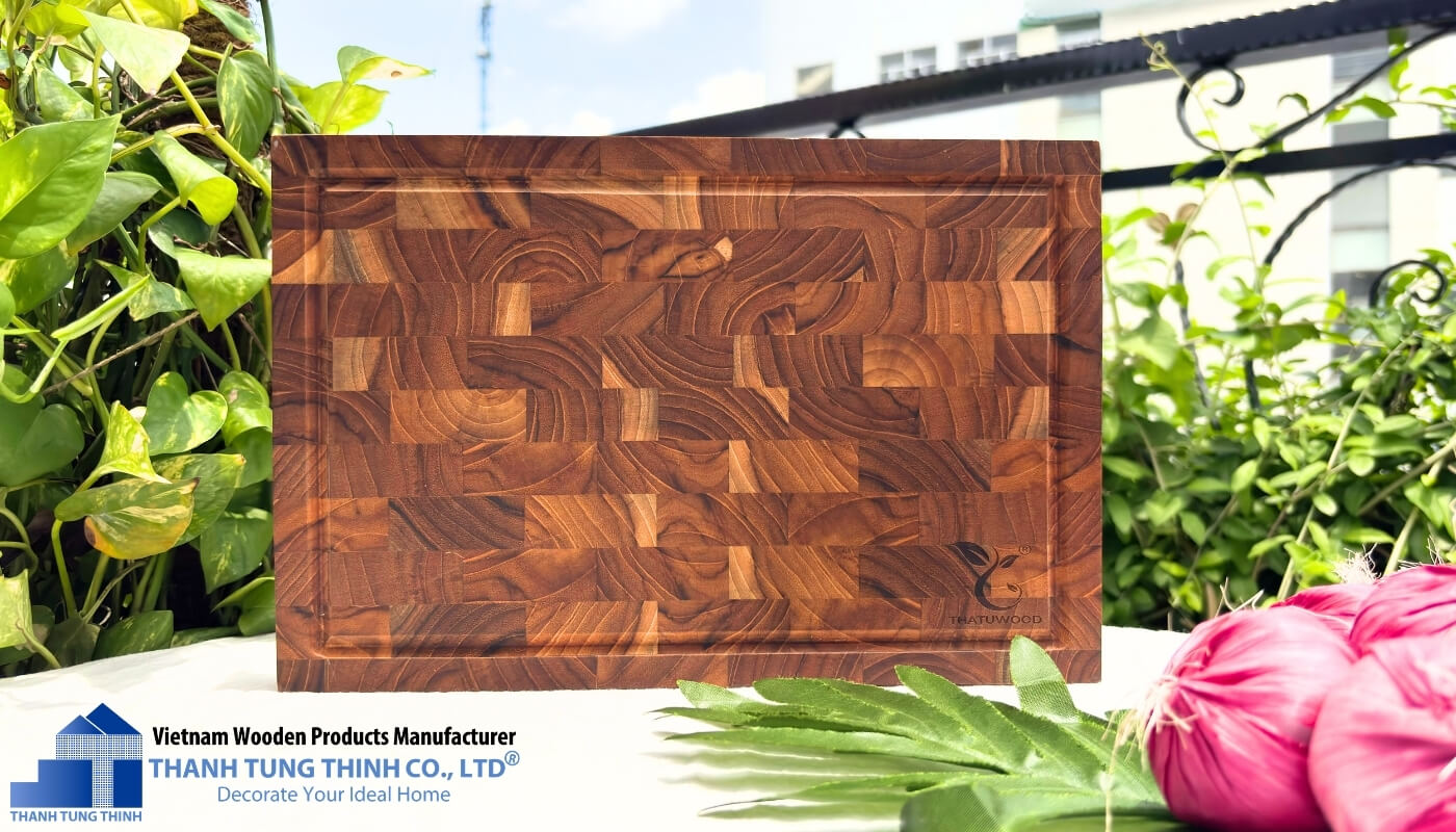 Image of Custom Teak End Grain Cutting Board with engraved logo for OEM ODMEnd Grain Cutting Board at Thanh Tung Thinh