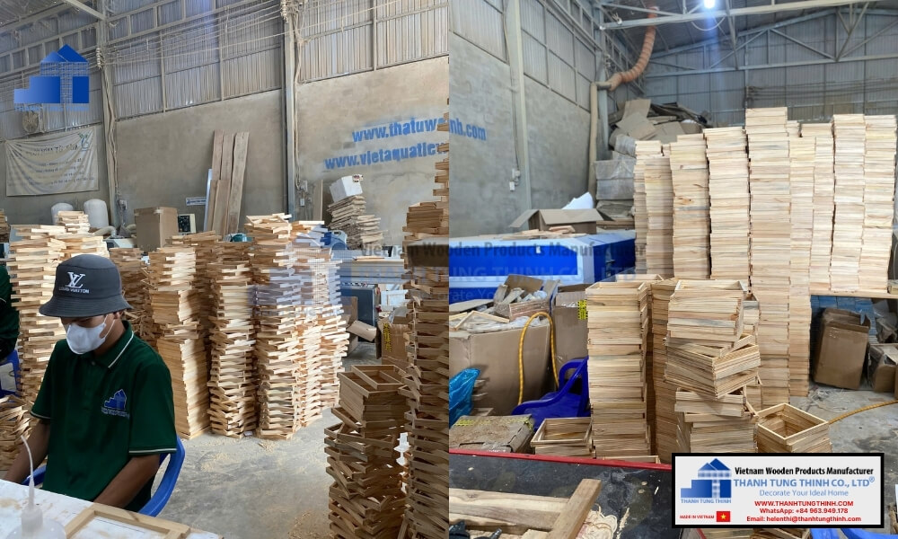 raw timber storage and stacks of plain wooden jewelry boxes