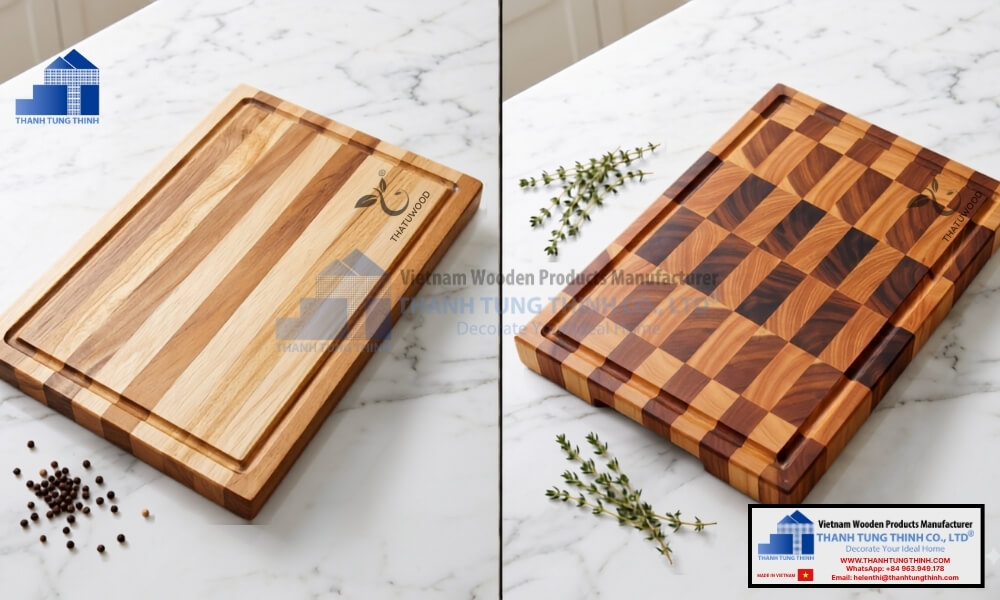 Comparison showing what is end grain wooden cutting board vs edge grain