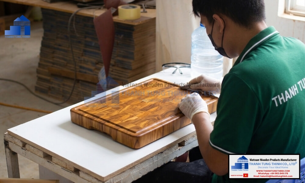 The final manufacturing stage involves submerging or pressure-coating the finished board with natural conditioning oil