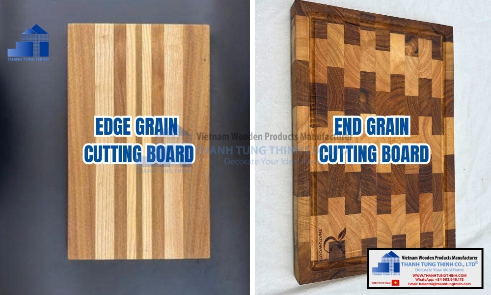 Close up of edge grain vs end grain cutting board structures