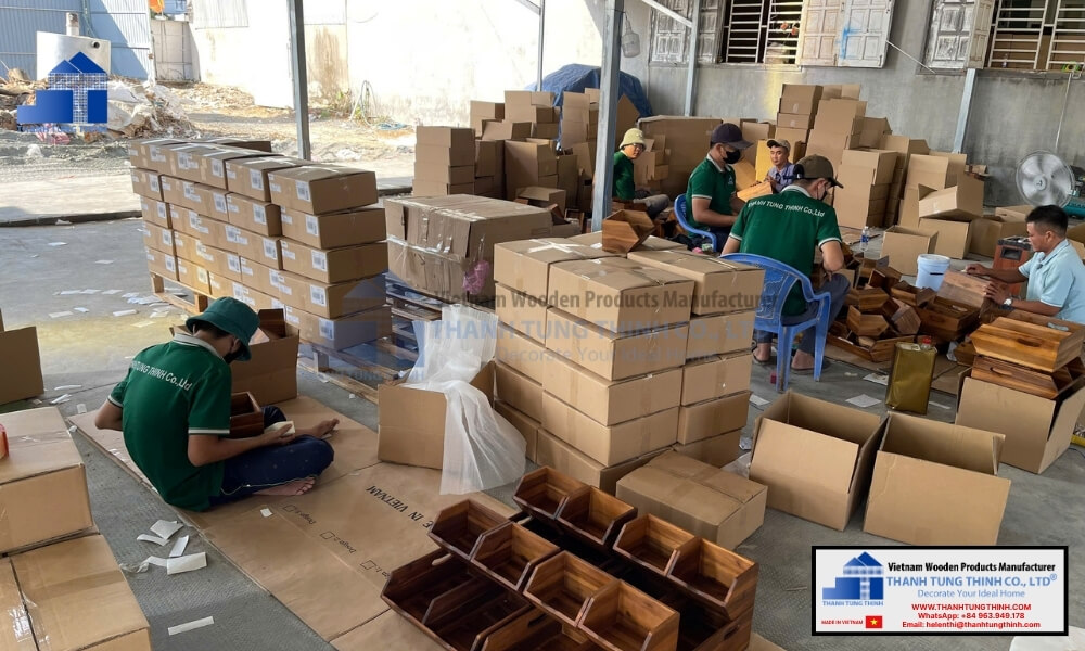 factory workers packaging bulk wooden jewelry boxes for girls